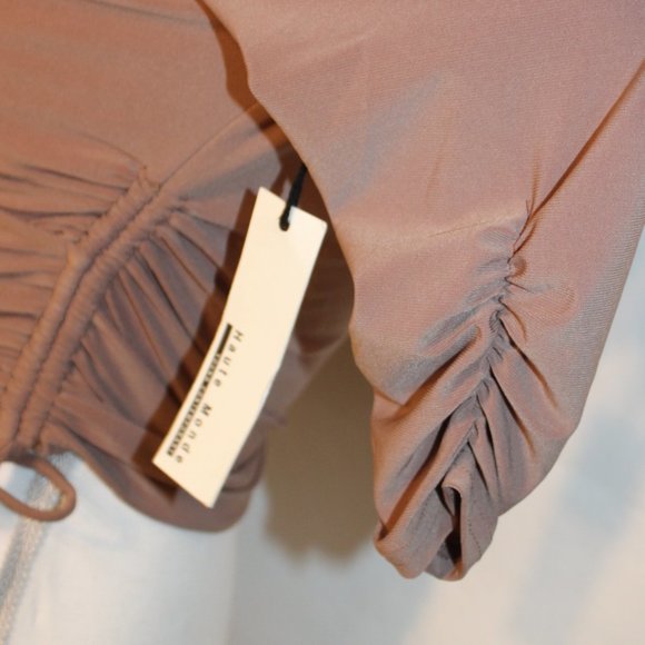 HAUTE MONDE TAN WRAP BLOUSE SIZE SMALL V-NECK FRONT GATHERED 3/4 SLEEVE TIES NWT - Picture 8 of 11